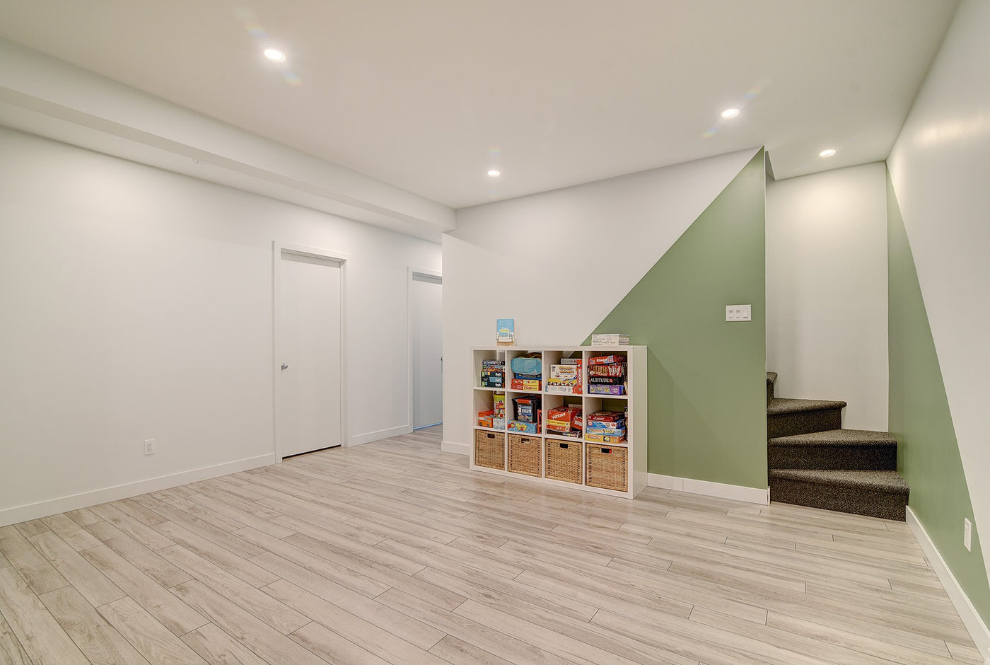 Finished basement cabinetry and staircase