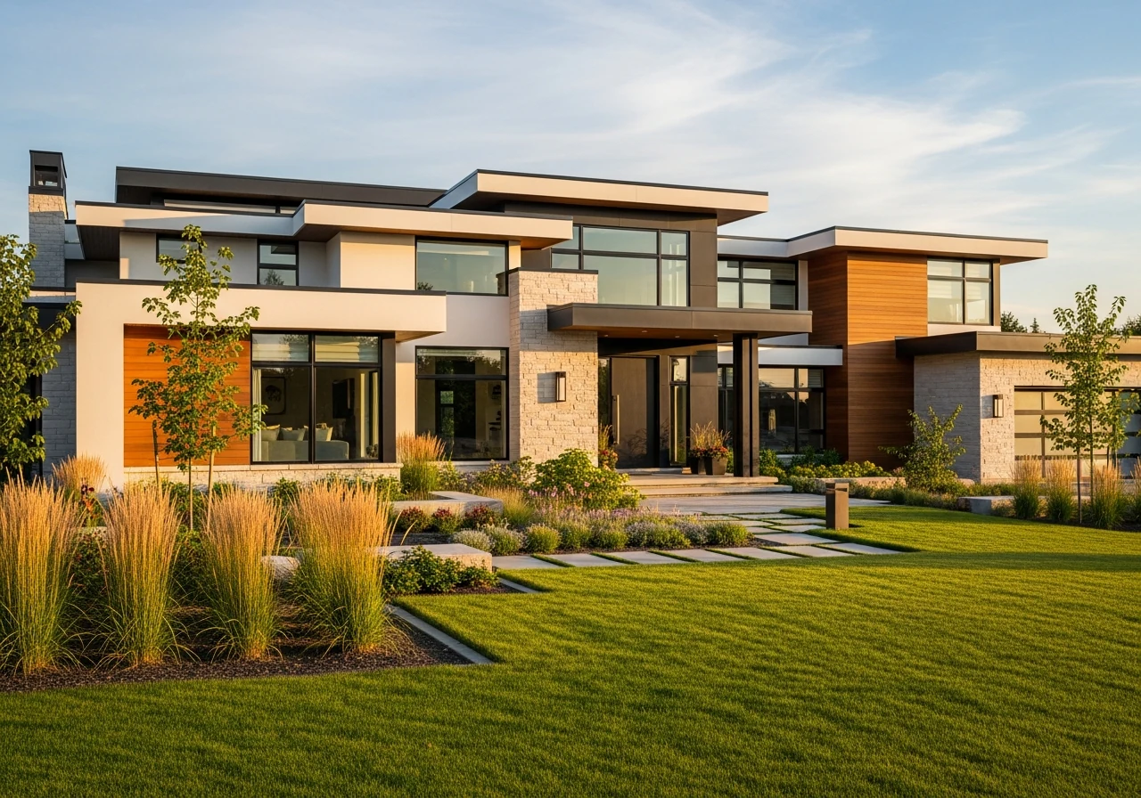 Modern custom home with stone and wood exterior finishes